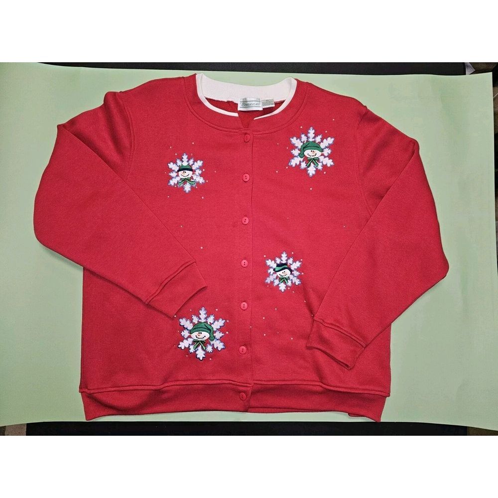 Shenanigans holiday embroidered‎ snowman/snowflakes red cardigan. Size XL